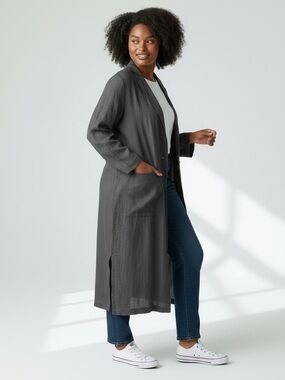 Vikolino Grey Linen Duster Coat SZ L/XL Long Blazer Lagenlook Minimalist Boho